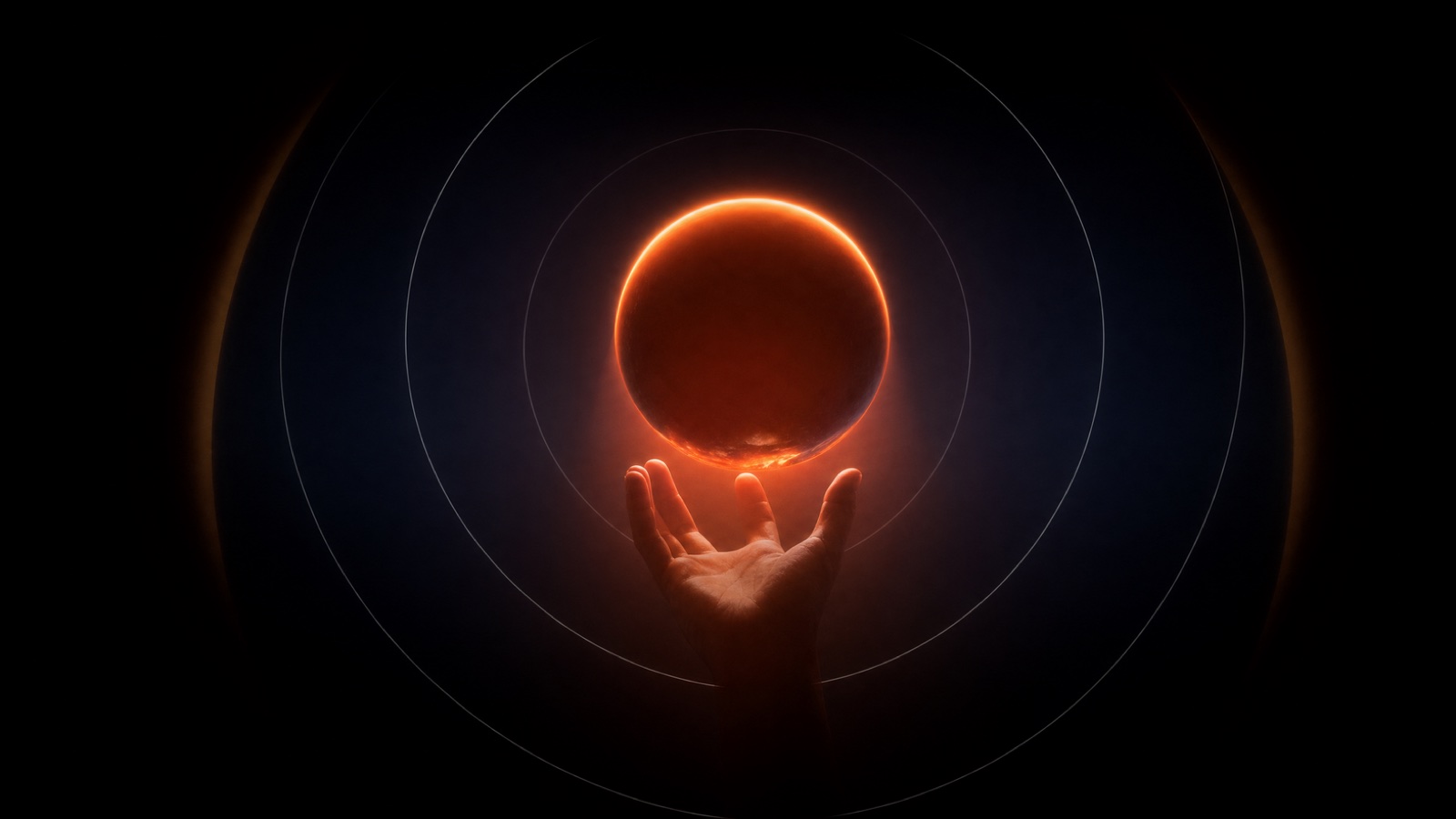 Mão aberta sustentando uma esfera em eclipse, com anéis concêntricos no escuro